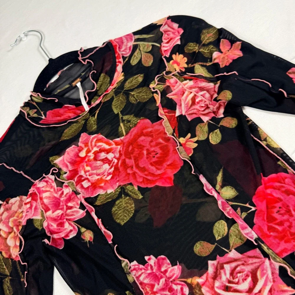 Free People Mesh Top S Black Red Floral Rose Sheer L/sleeve dark romancgoth